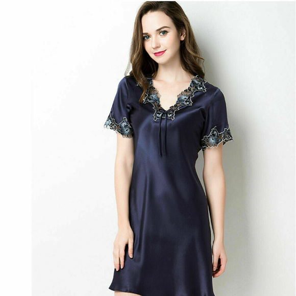 100% Silk Chemise Nightgown Lacy Silk Sleepwear